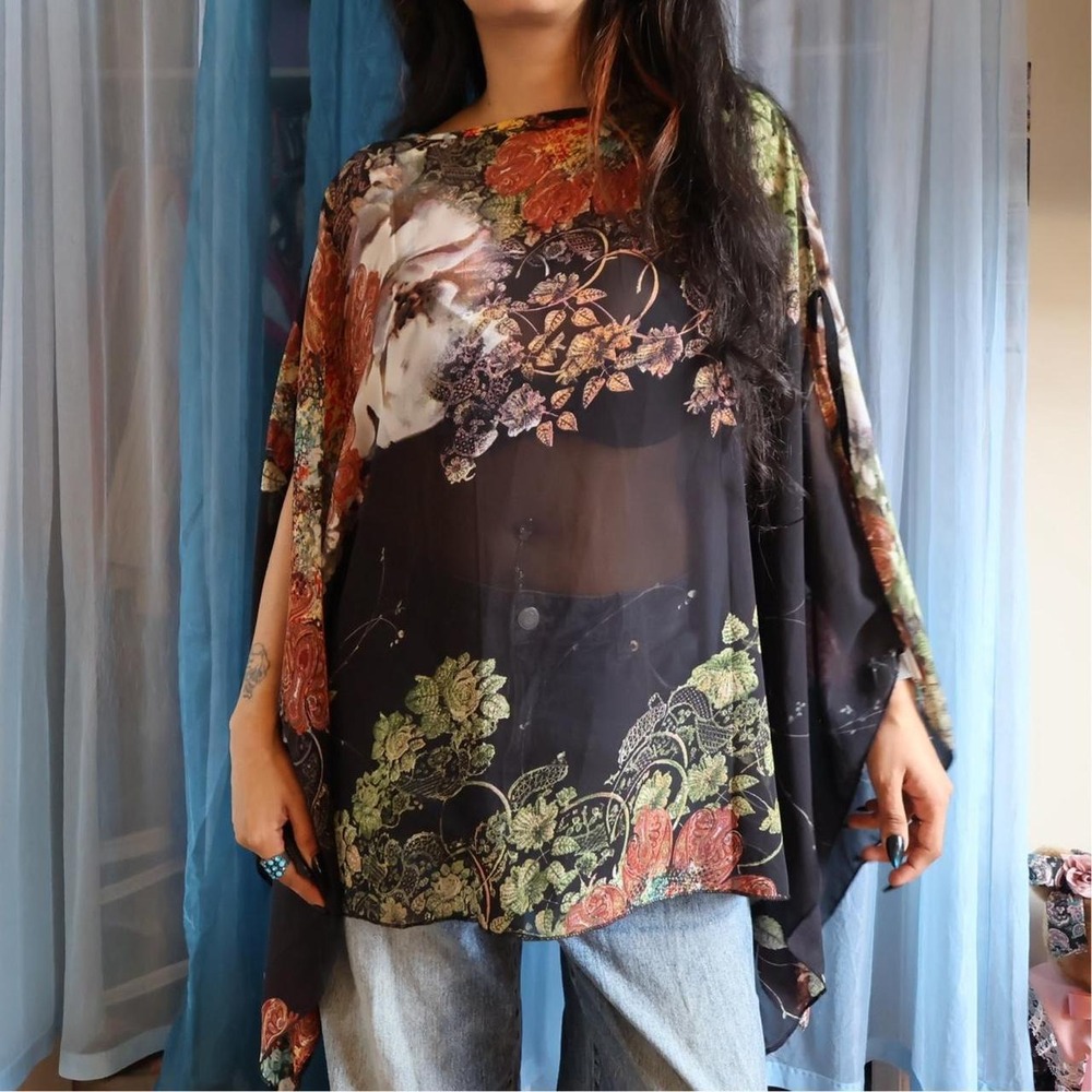 Sheer Floral Mesh Poncho Blouse Top